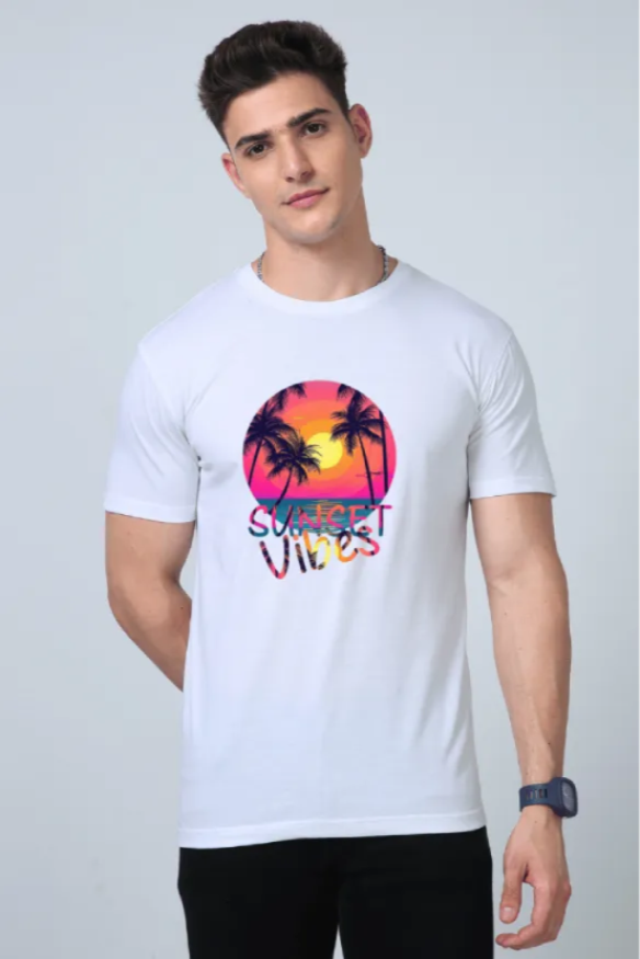Man wearing a white t-shirt with 'Sunset Vibes' design on a plain background
